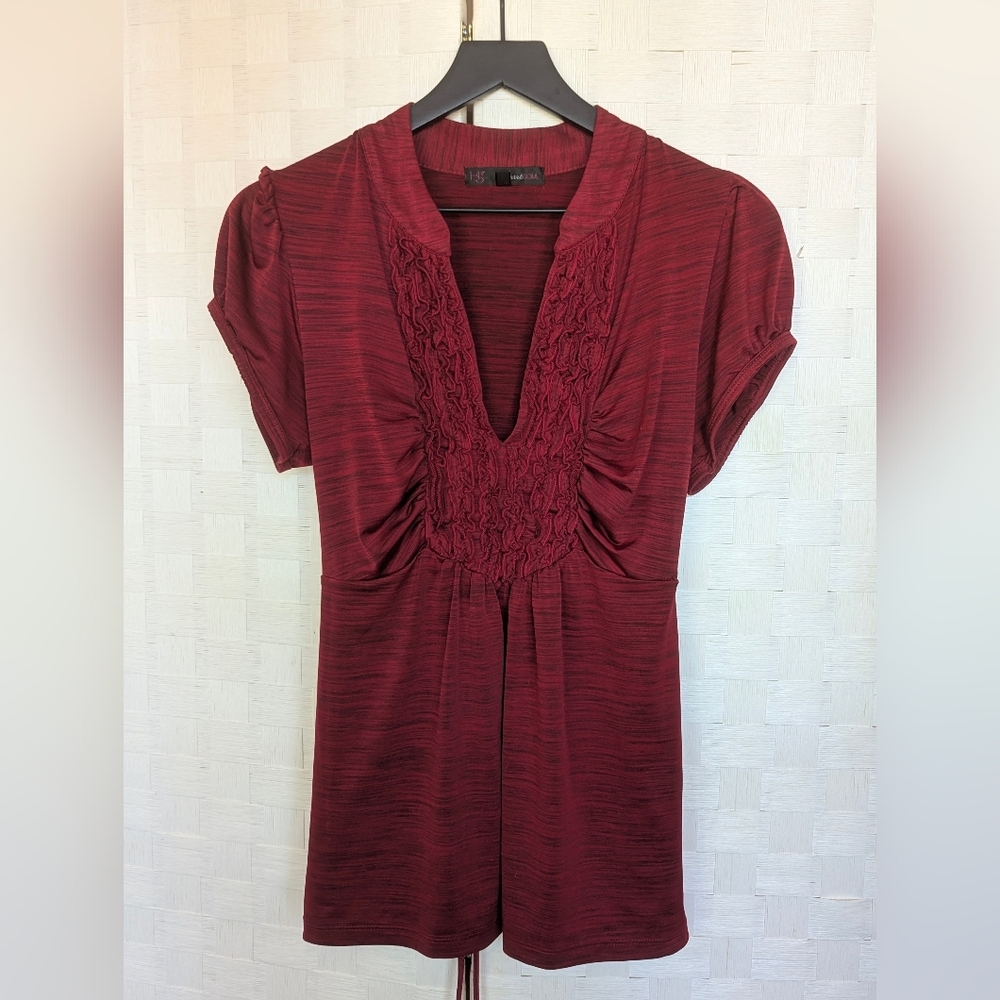 Heart Soul Elegant Burgundy Blouse Tie Back Flouncy Vamp Chic 1X Dancing